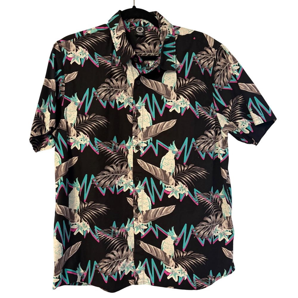 Neff Button Up Shirt Tropical Parrot Print Short Sleeve Kids Medium Hawaiian‎